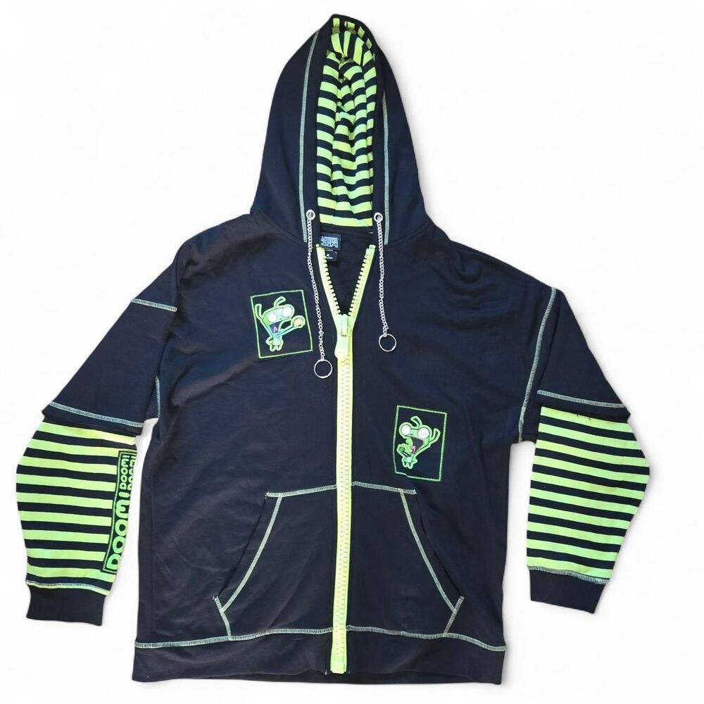 Hot Topic Invader Zim gir taco striped black and green zip up hoodie